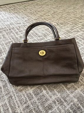 Authentic CoachStructured Dark Brown Leather Satchel with Gold Turn-Lock